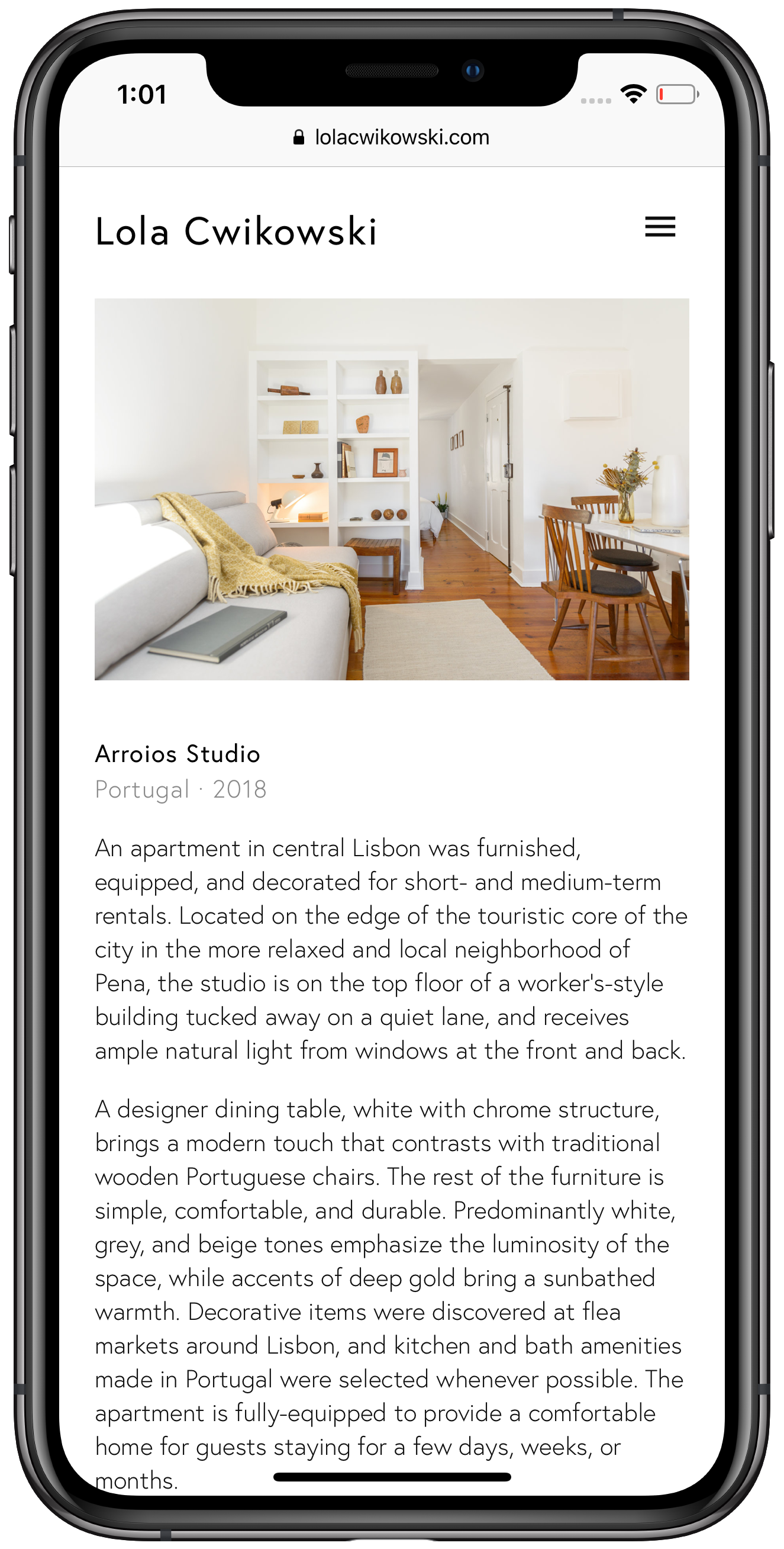 Screen capture of Lola Cwikowski Interior Design Studio website, Arroios studio project