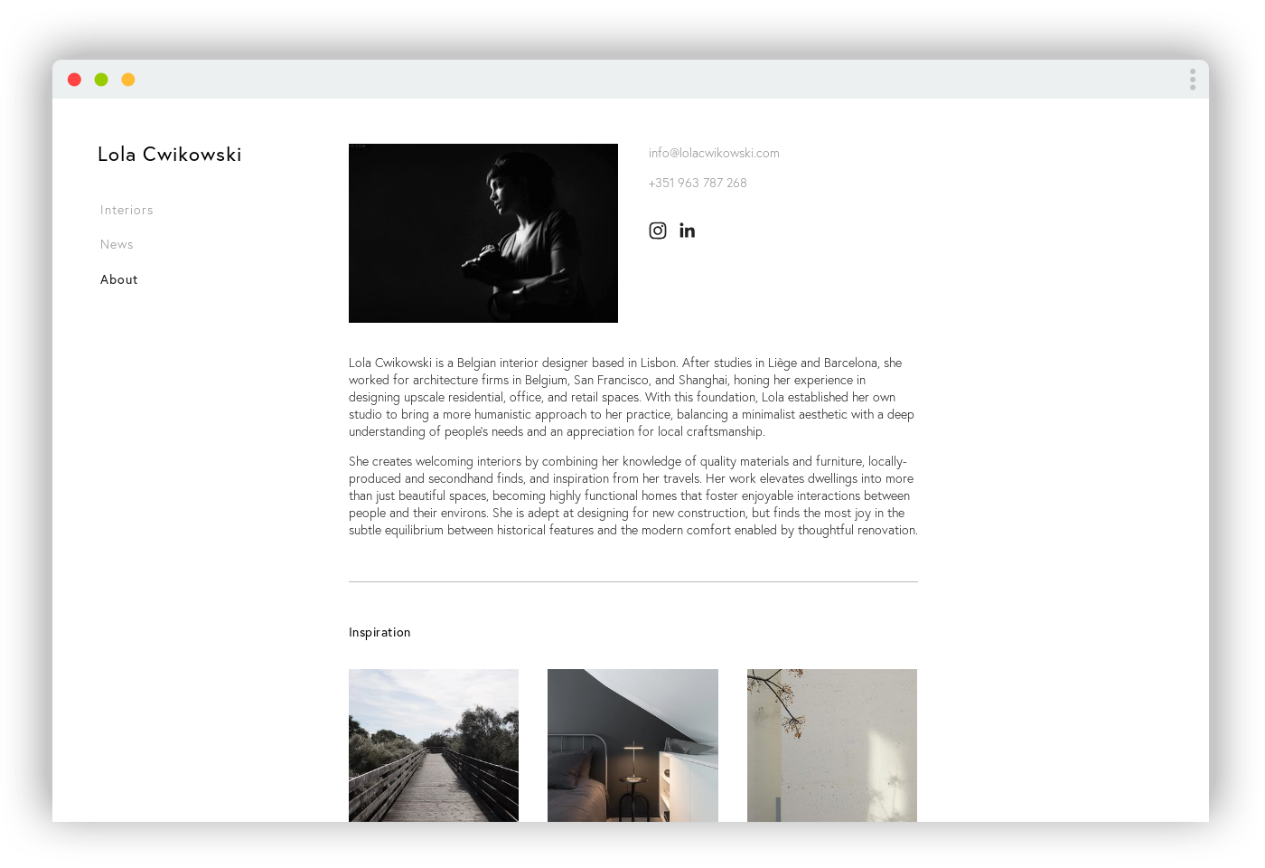 Screen capture of Lola Cwikowski Interior Design Studio website, bio page