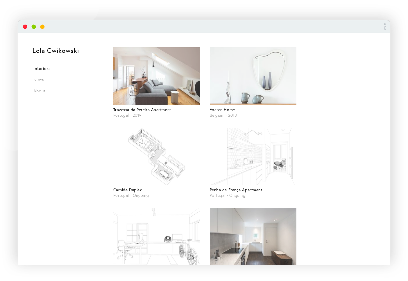 Screen capture of Lola Cwikowski Interior Design Studio website, project index page