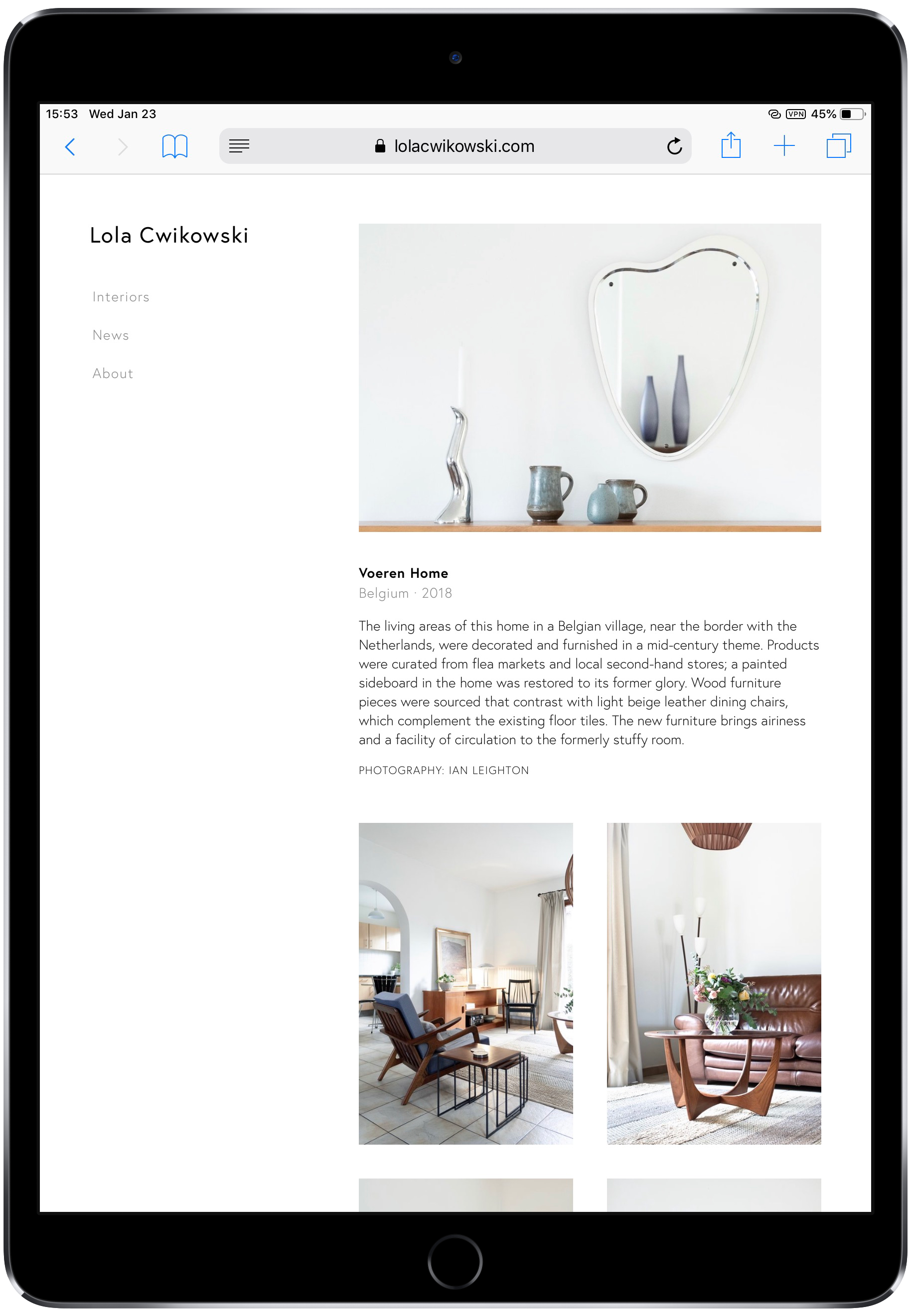 Screen capture of Lola Cwikowski Interior Design Studio website, Voeren Home project