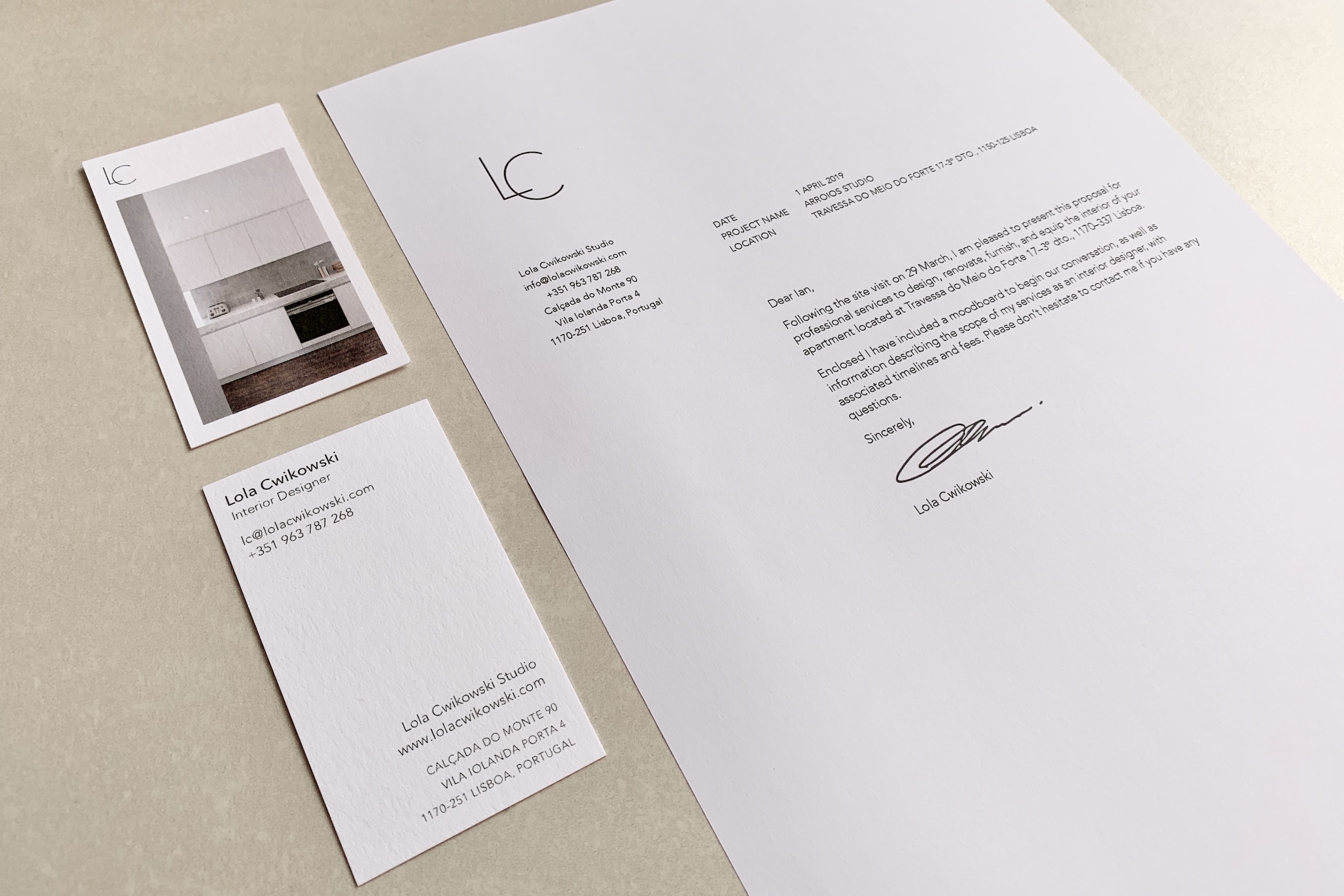 Photo of Lola Cwikowski Interior Design Studio printed materials: business card and template letter.