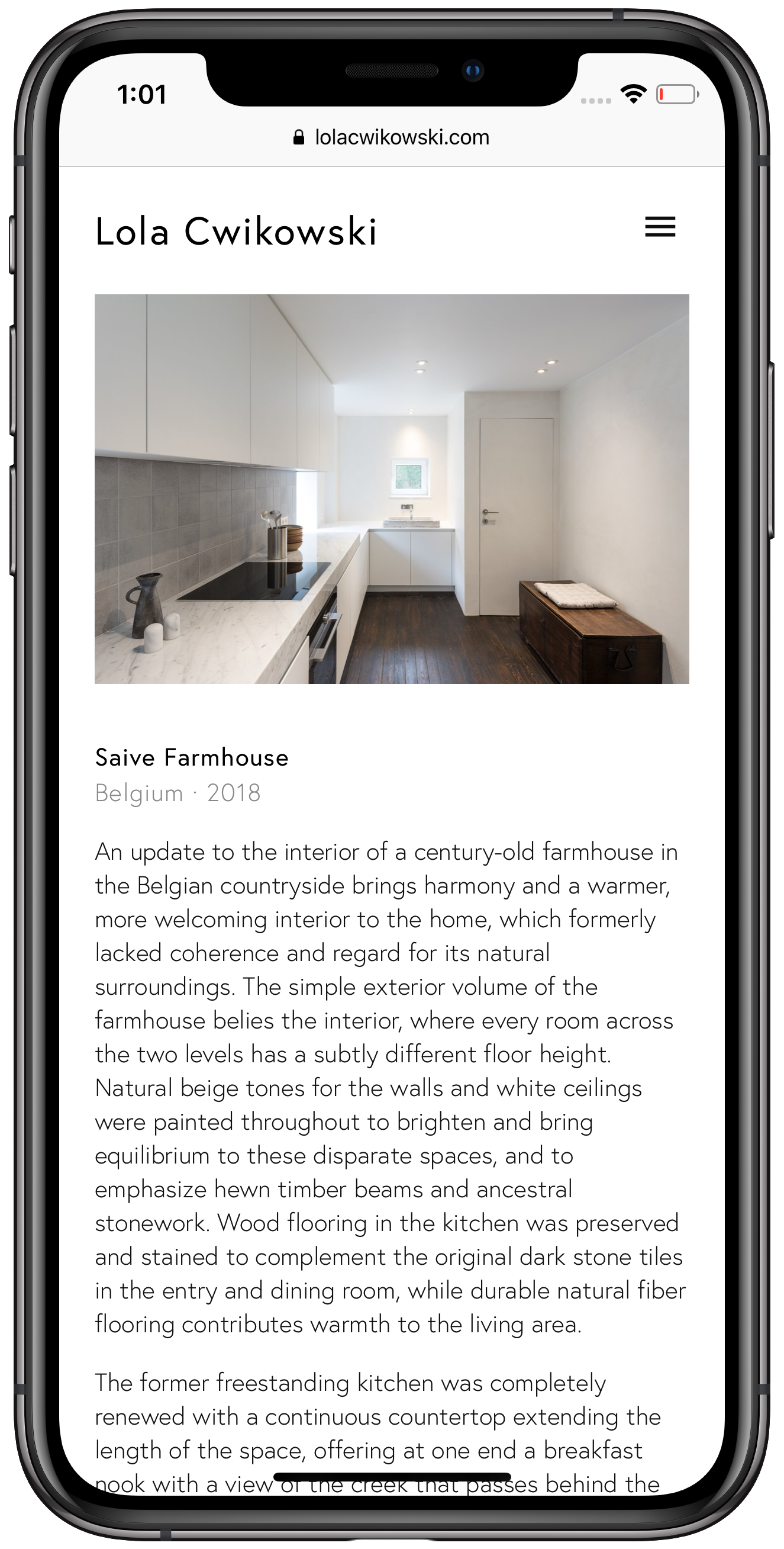 Screen capture of Lola Cwikowski Interior Design Studio website, Saive Farmhouse project