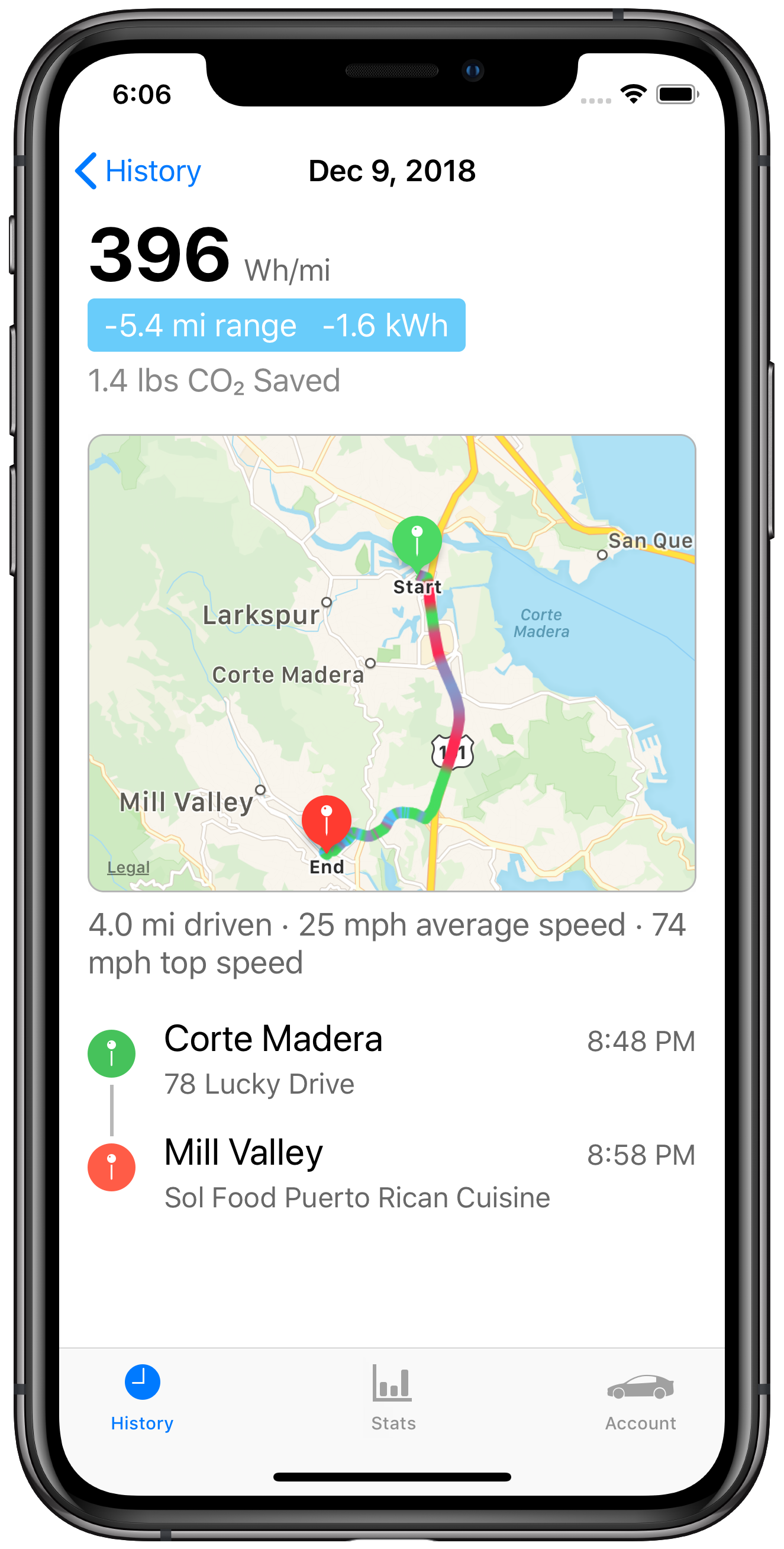 Nikola app screenshot of driving route and stats