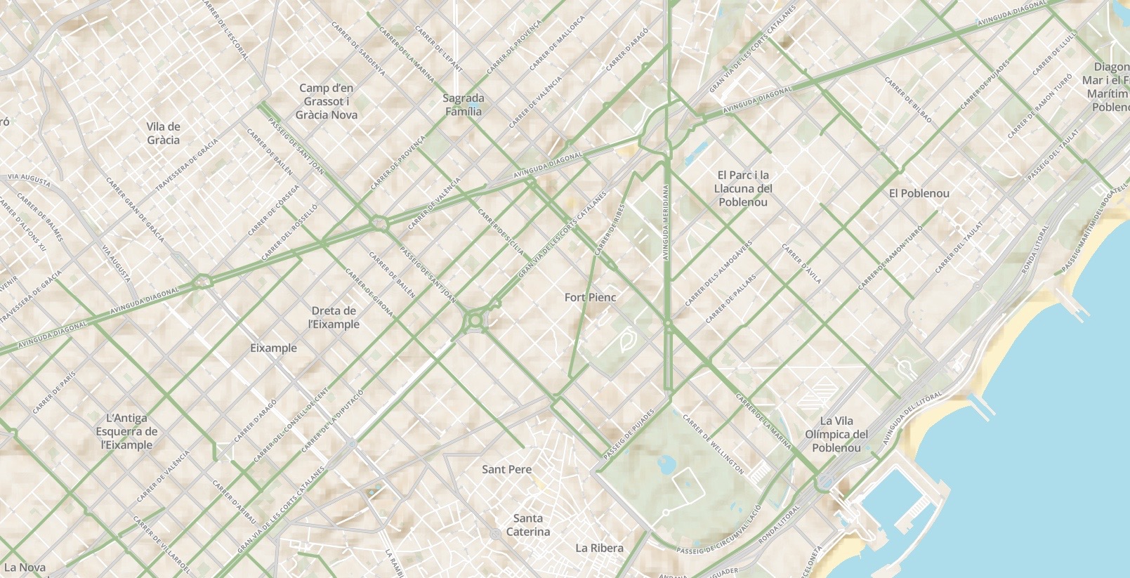 Screenshot of Velo bicycle-focused map design prototype, Barcelona