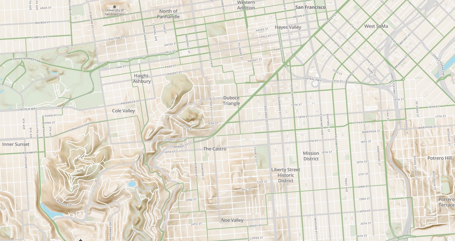 Screenshot of Velo bicycle-focused map design prototype, San Francisco Detail