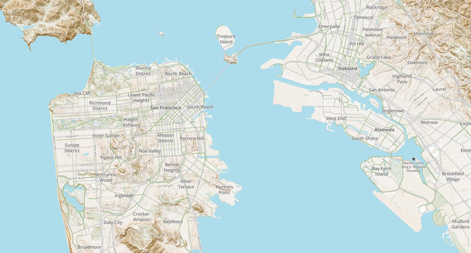 Screenshot of Velo bicycle-focused map design prototype, SF Bay Area