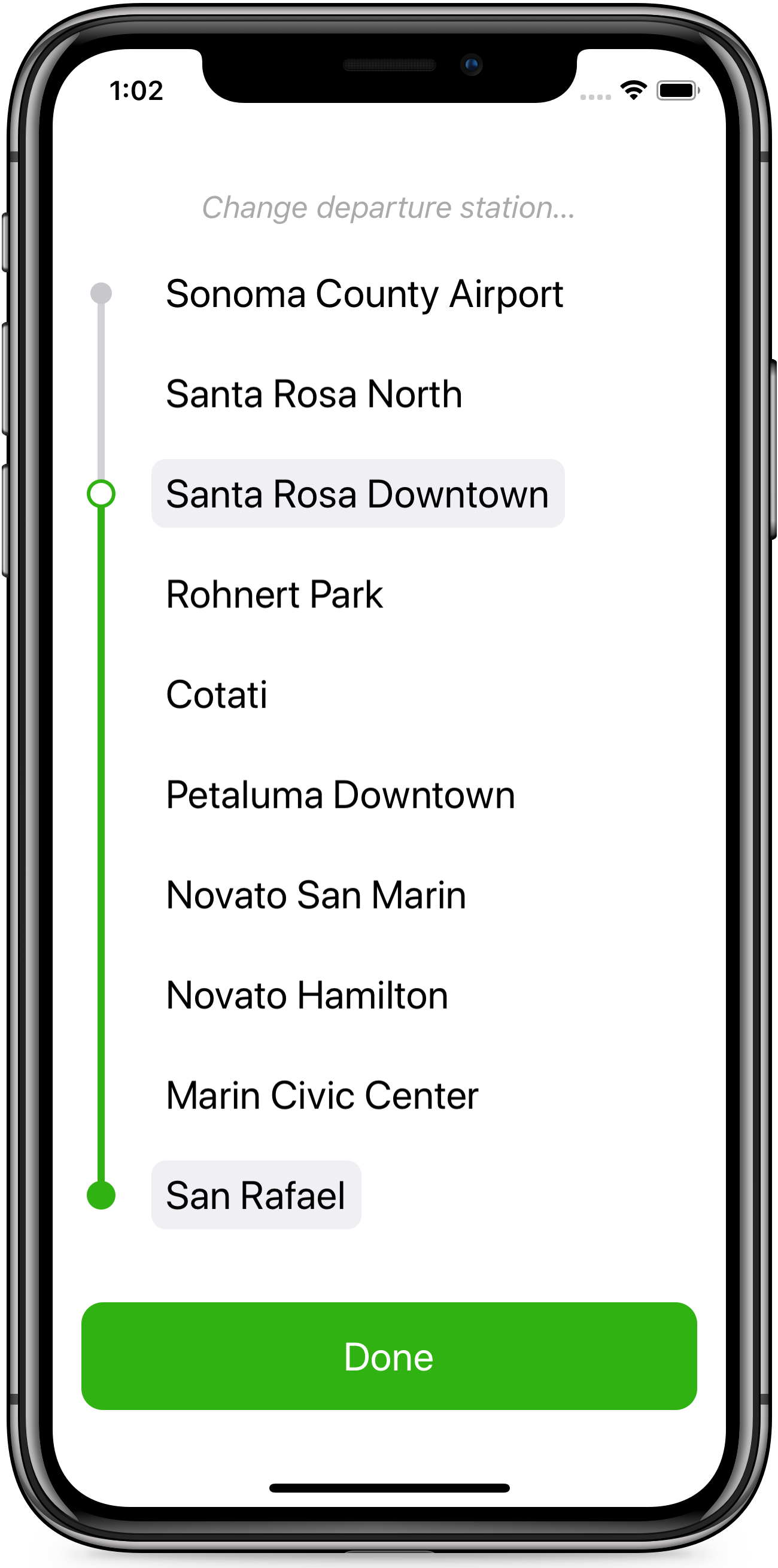 Wye train schedules app screenshot of station selection