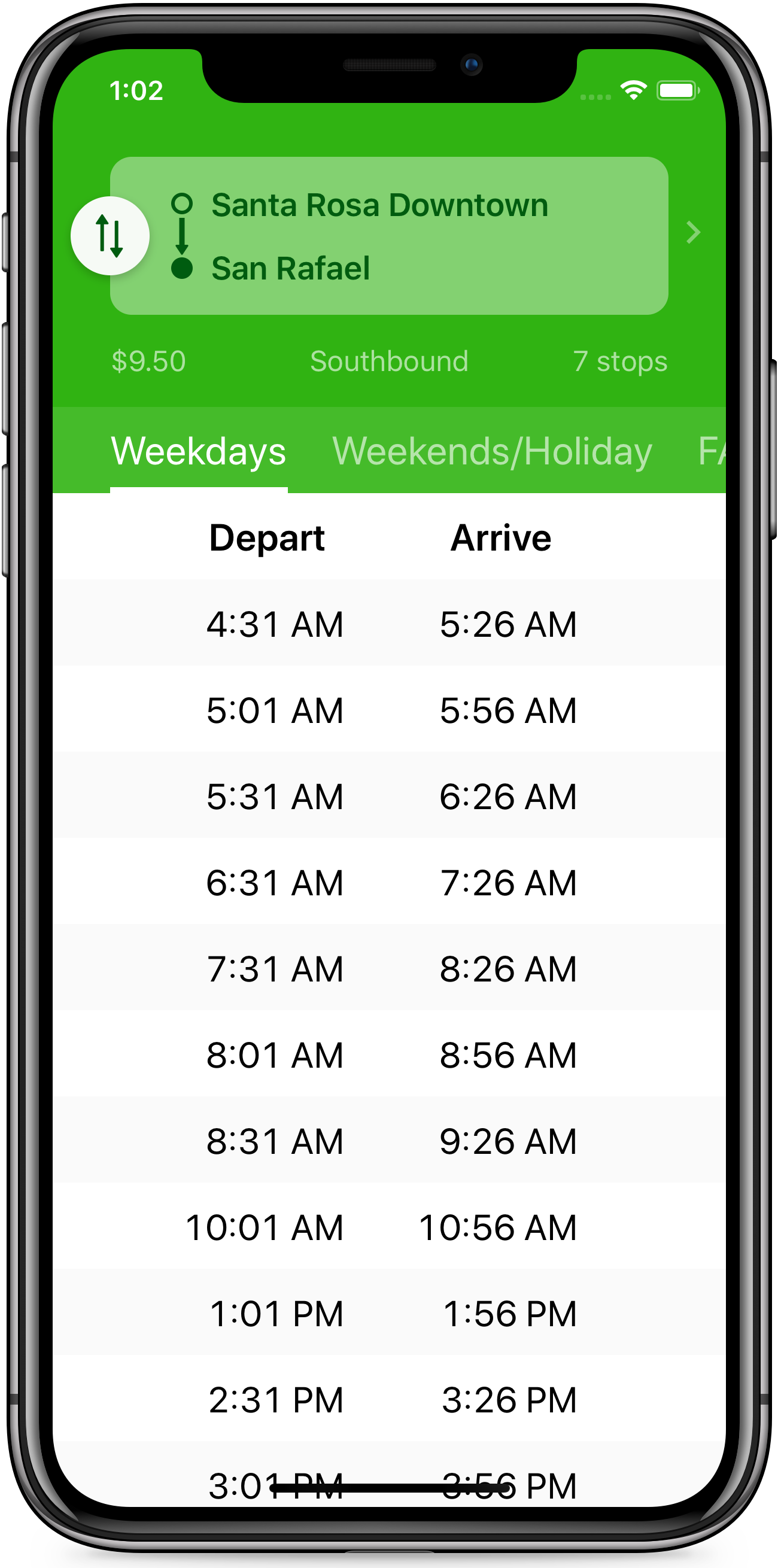 Wye train schedules app screenshot of weekday timetable